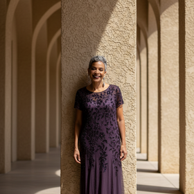 Adrianna Papell Plum Floral Design Beaded Gown with Godets, Size 18