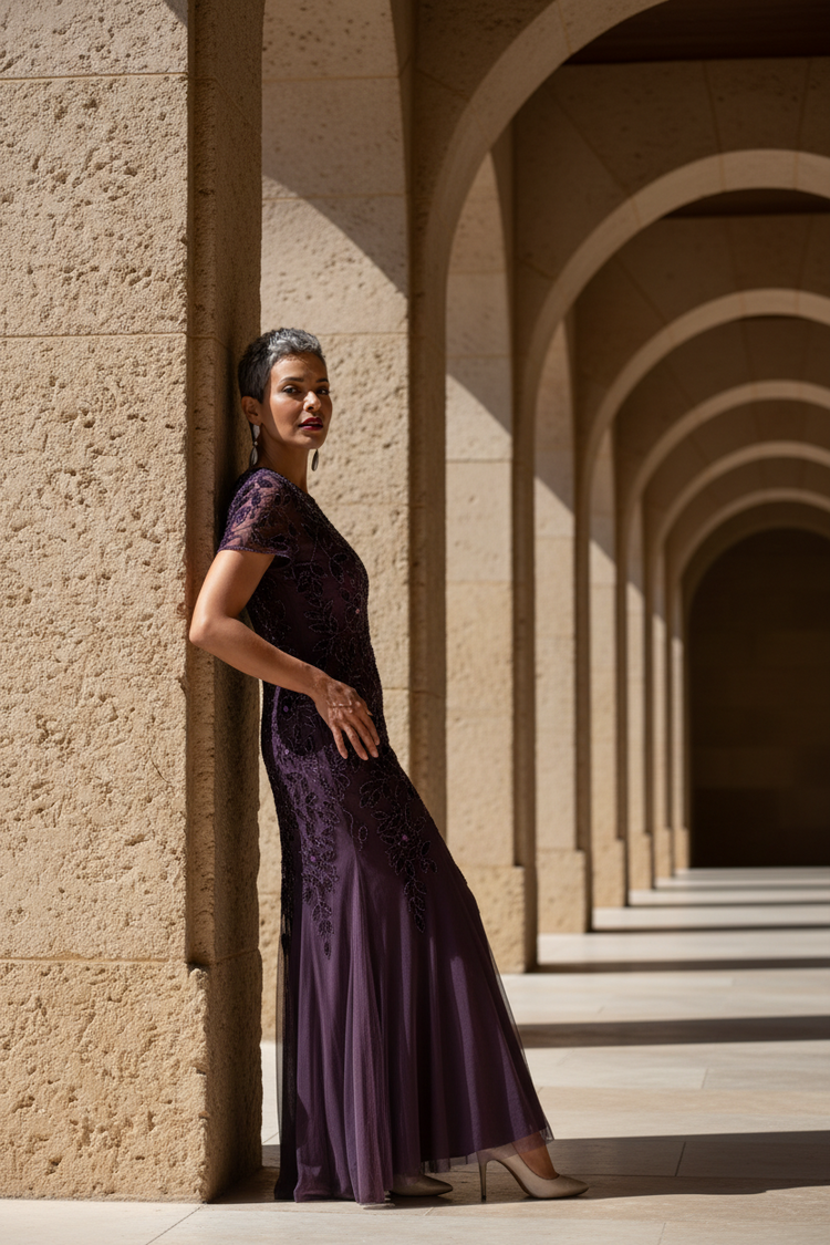 Adrianna Papell Plum Floral Design Beaded Gown with Godets, Size 18