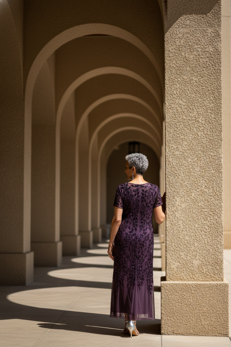 Adrianna Papell Plum Floral Design Beaded Gown with Godets, Size 18