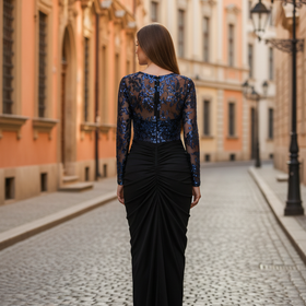 Adrianna Papell Navy Gown with Mesh Sequined Top and Ruched Skirt, Size 4