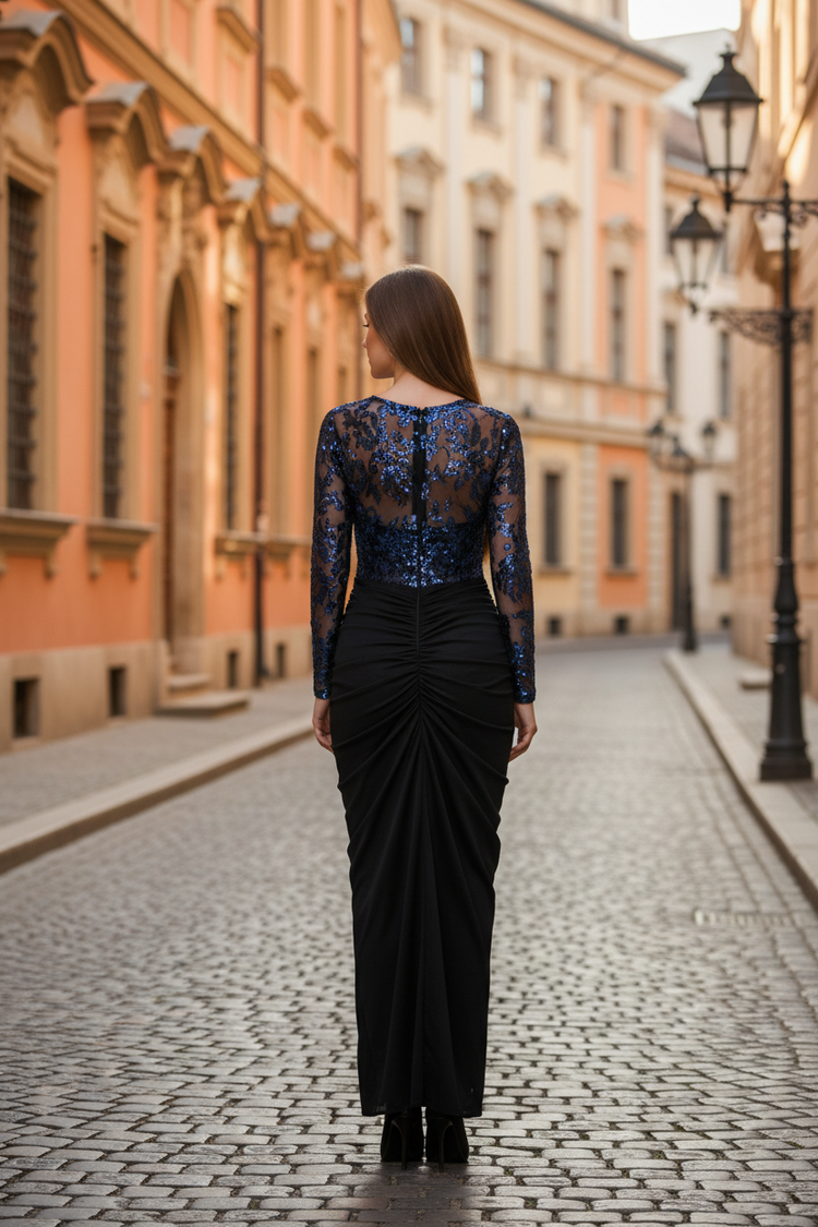 Adrianna Papell Navy Gown with Mesh Sequined Top and Ruched Skirt, Size 4