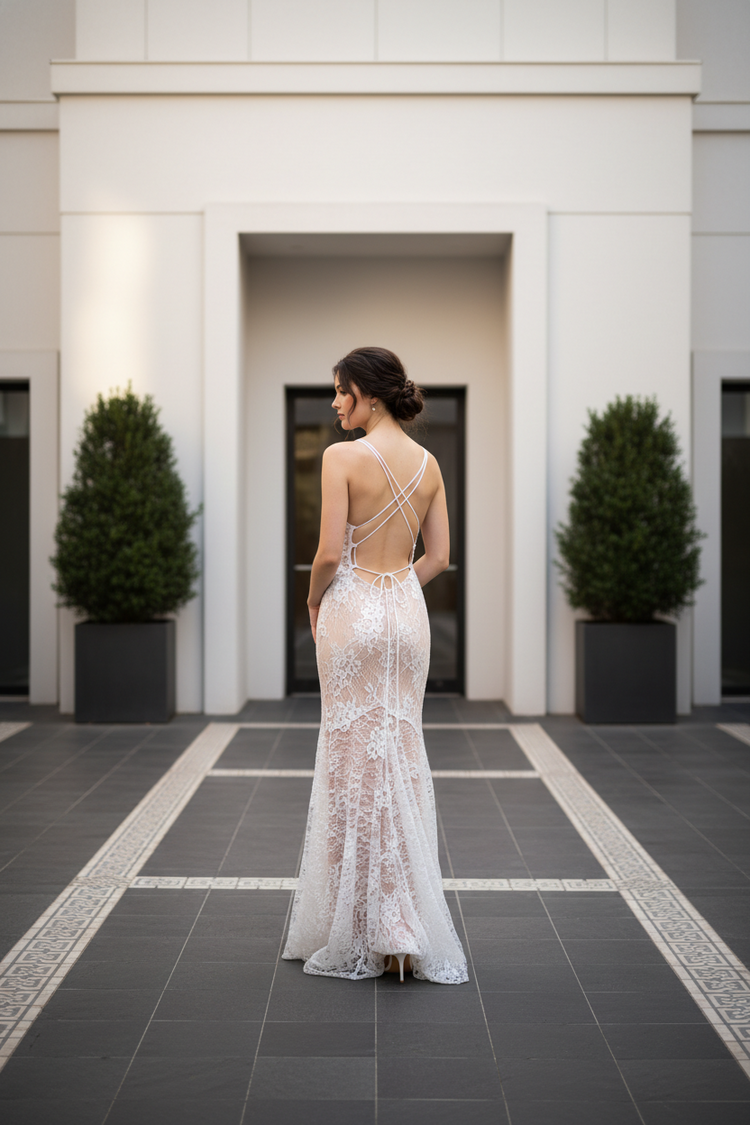 GB New York White Lace Backless Corset Style Gown with Pale Pink Underlay, Size 5