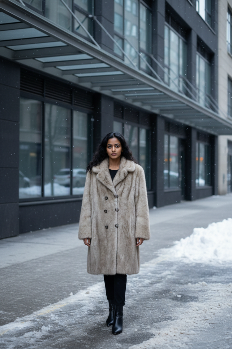 Silver Grey Section Mink Stroller Coat with Notched Lapel Size M