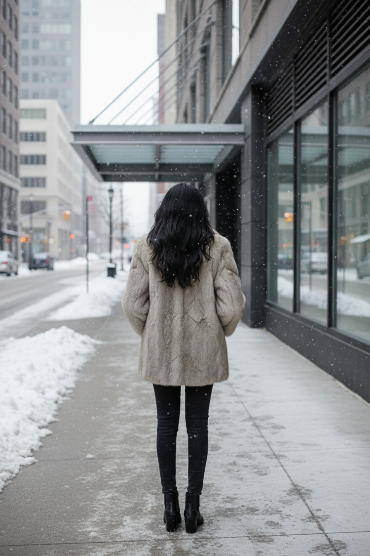 Silver Grey Section Mink Stroller Coat with Notched Lapel Size M