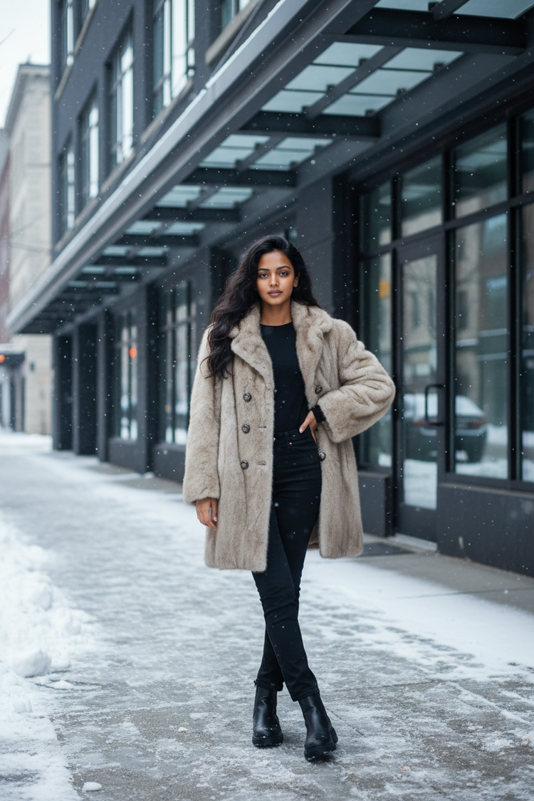 Silver Grey Section Mink Stroller Coat with Notched Lapel Size M