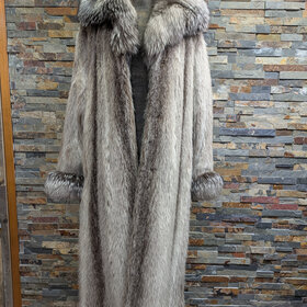 Silver Nutria Full Length Coat with Blue Indigo Frost Fox Fur Collar and Cuffs Size L