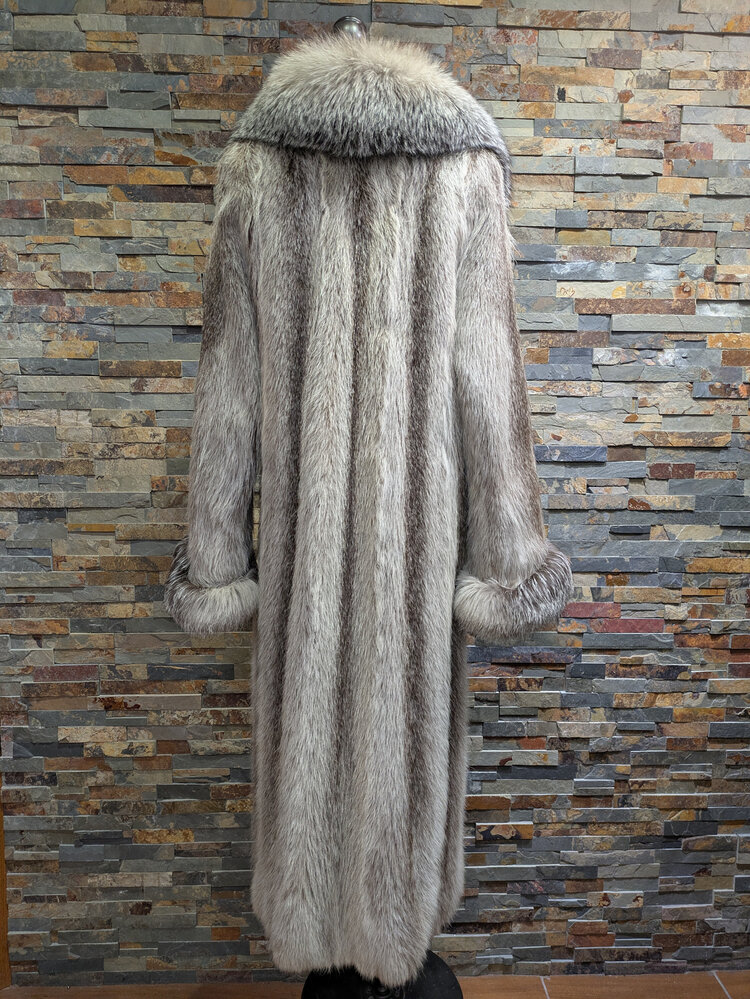 Silver Nutria Full Length Coat with Blue Indigo Frost Fox Fur Collar and Cuffs Size L