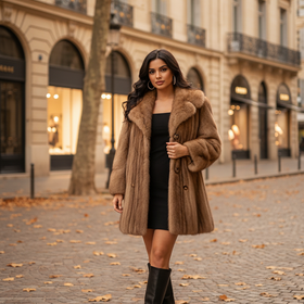 Ruffled Pastel Autumn Haze Mink Coat with Leather Belt and Notched Collar Size M