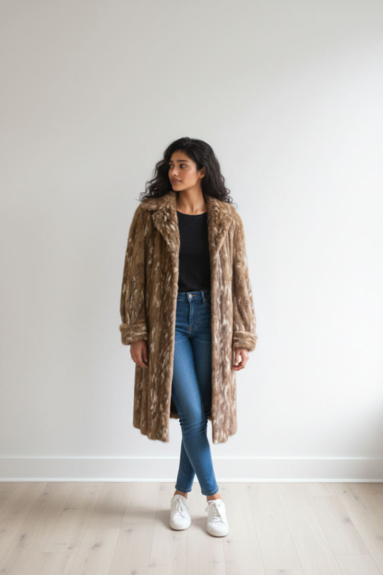 Mink Gill Pieced Coat with Rolled Cuffs , Size L