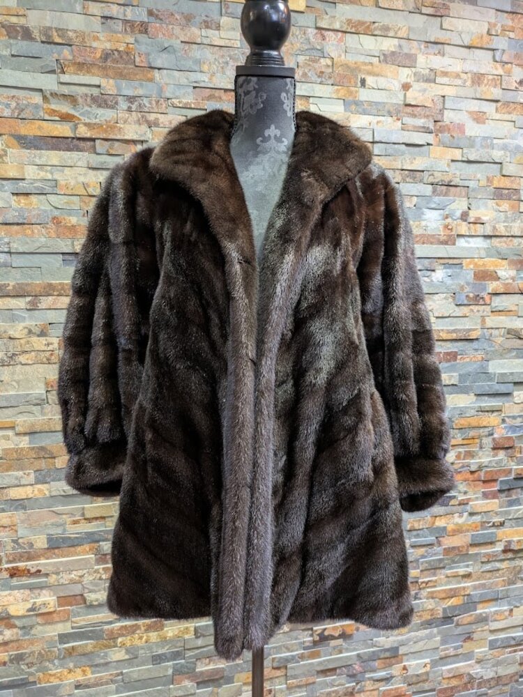 Furs By Truesdell Dark Ranch Mink Female Pelt Fur Coat with Diagonal Sleeves, Size  M