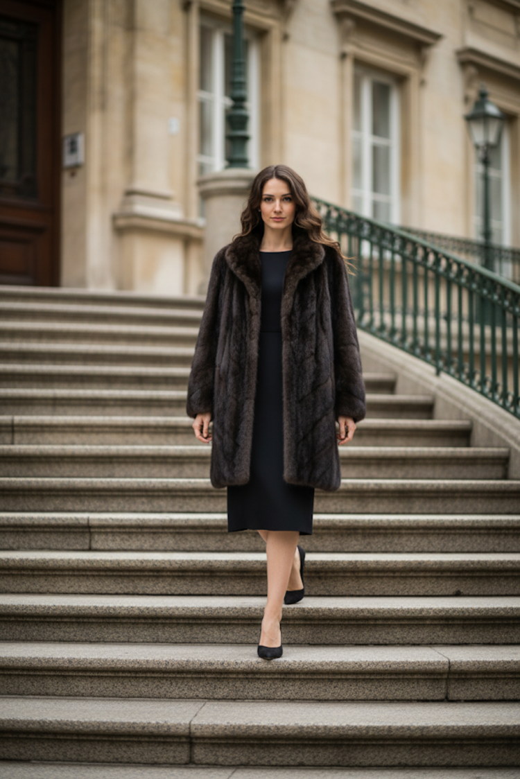 Furs By Truesdell Dark Ranch Mink Female Pelt Fur Coat with Diagonal Sleeves, Size  M