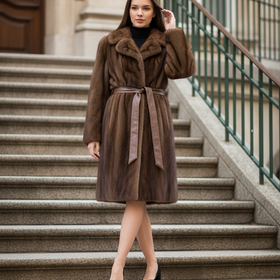 Brown Mahogany Mink Fur Coat with Notched Lapel and Leather Belt, Size S