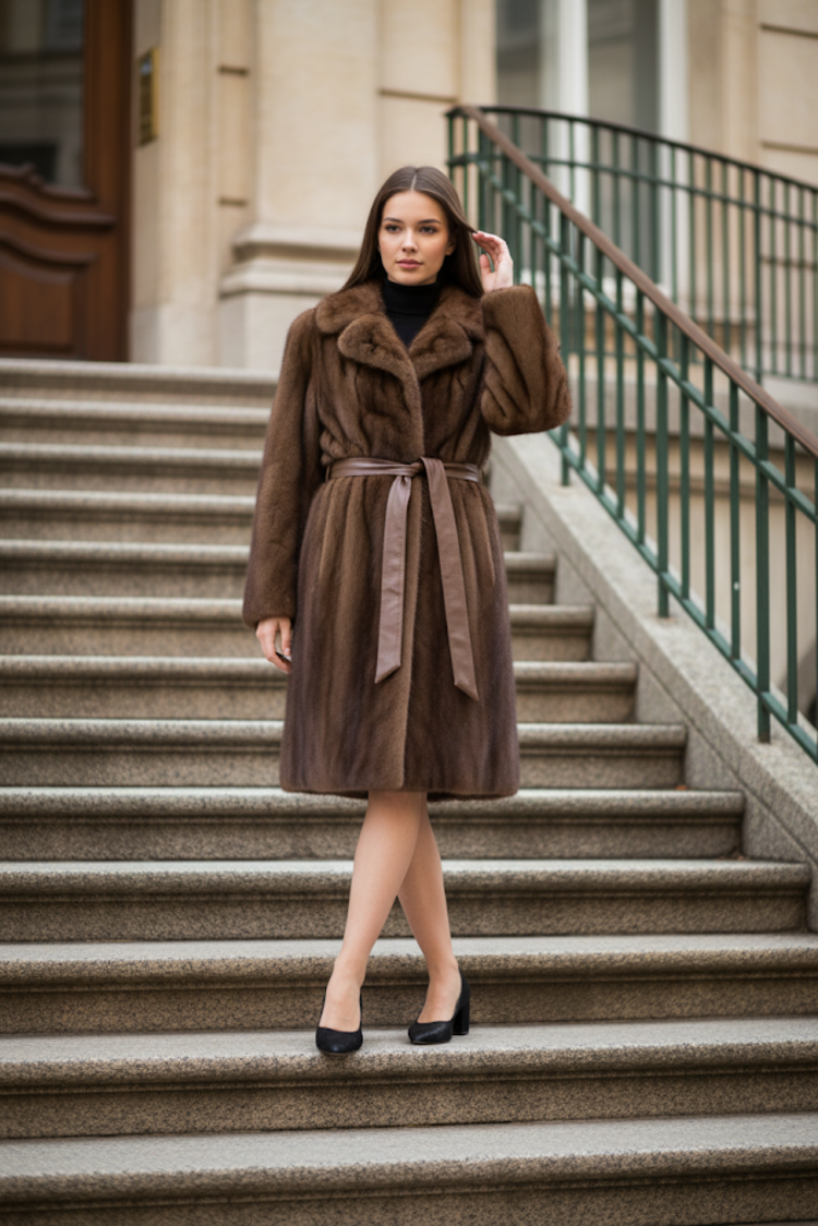 Brown Mahogany Mink Fur Coat with Notched Lapel and Leather Belt, Size S