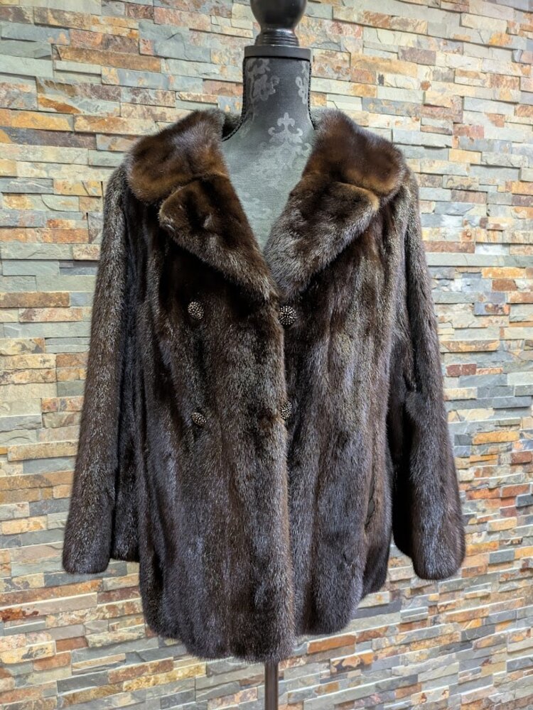 Dark Brown Ranch Mink Fur Jacket with Notched Lapel and Art Deco Buttons, Sz M