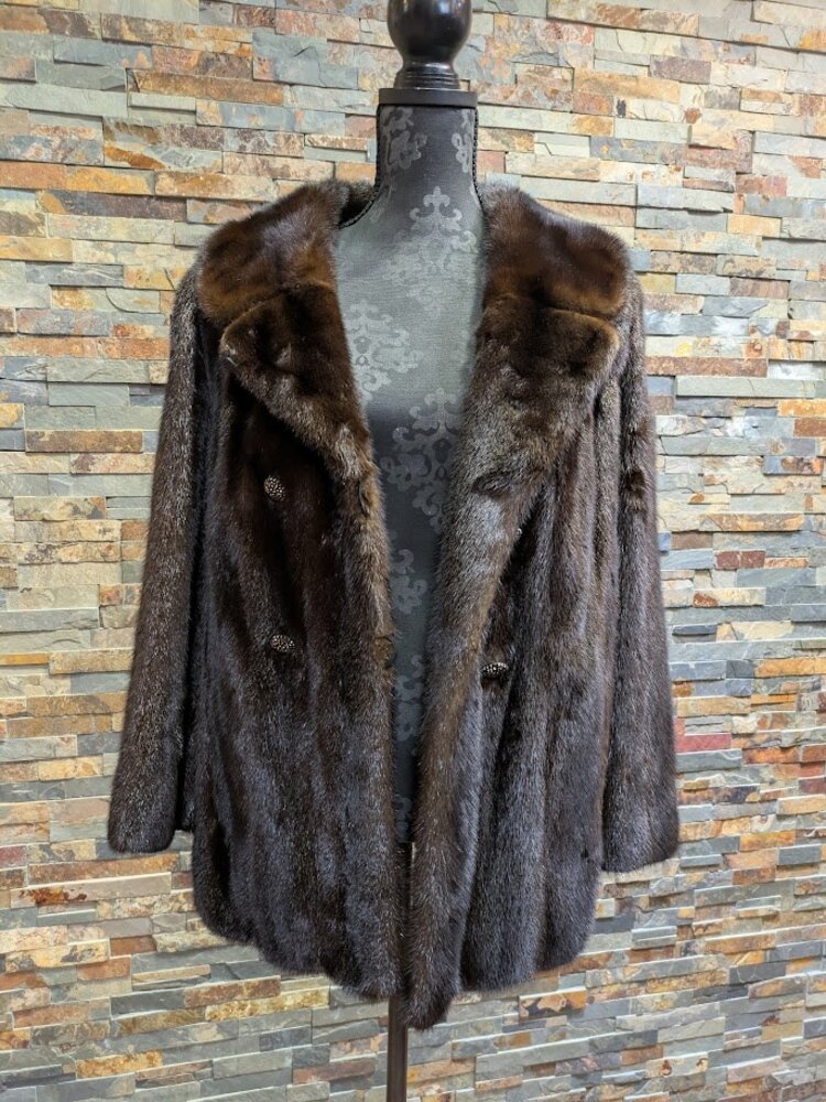 Dark Brown Ranch Mink Fur Jacket with Notched Lapel and Art Deco Buttons, Sz M