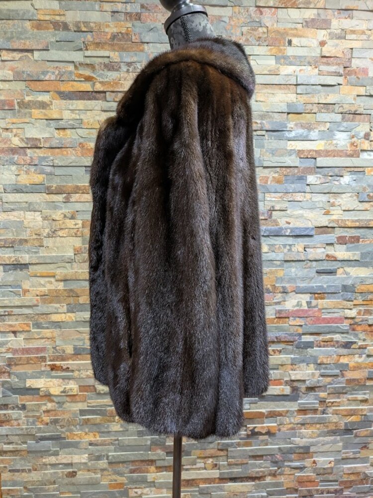 Dark Brown Ranch Mink Fur Jacket with Notched Lapel and Art Deco Buttons, Sz M