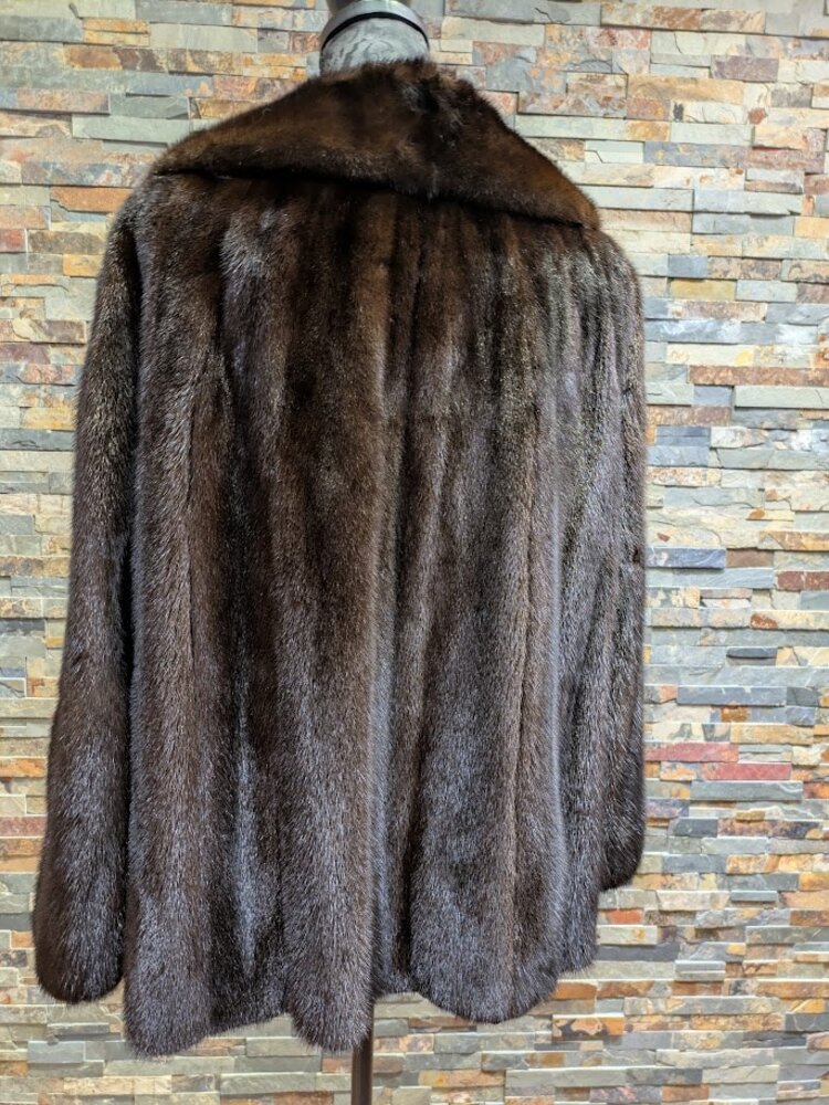 Dark Brown Ranch Mink Fur Jacket with Notched Lapel and Art Deco Buttons, Sz M
