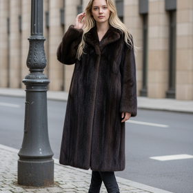 Dark Ranch Mink Fur Long Coat with Notched Collar, Size L