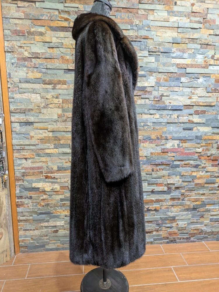 Dark Ranch Mink Fur Long Coat with Notched Collar, Size L