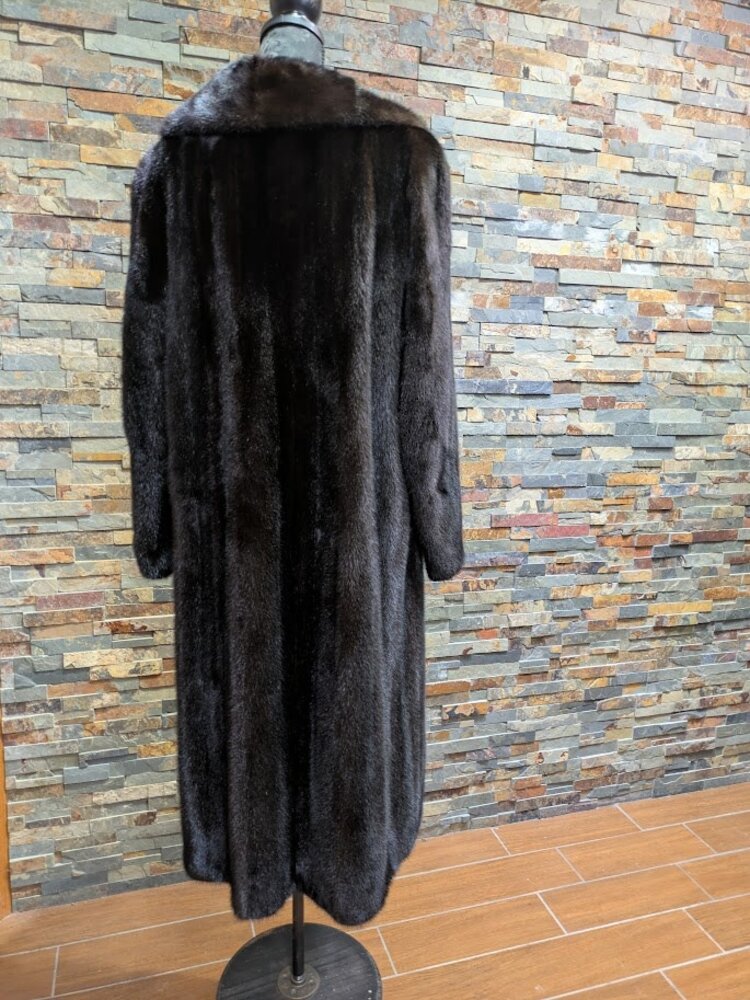 Dark Ranch Mink Fur Long Coat with Notched Collar, Size L