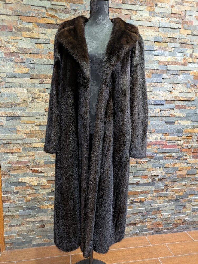 Dark Ranch Mink Fur Long Coat with Notched Collar, Size L
