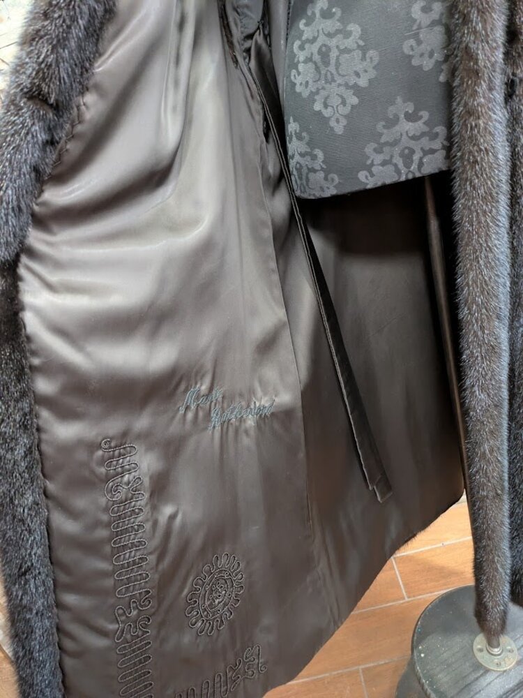 Dark Ranch Mink Fur Long Coat with Notched Collar, Size L