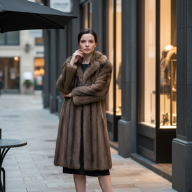 North American Raccoon Long Coat with Notched Collar and Decorative Buttons, Size S