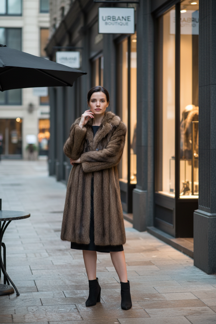 North American Raccoon Long Coat with Notched Collar and Decorative Buttons, Size S