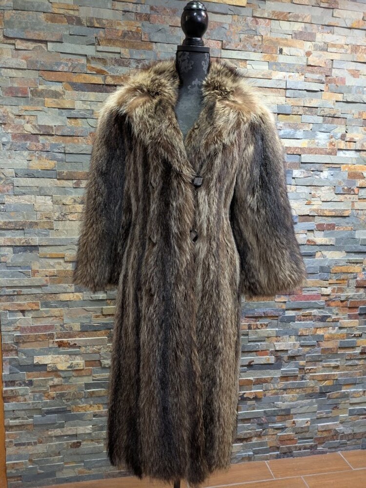 North American Raccoon Long Coat with Notched Collar and Decorative Buttons, Size S