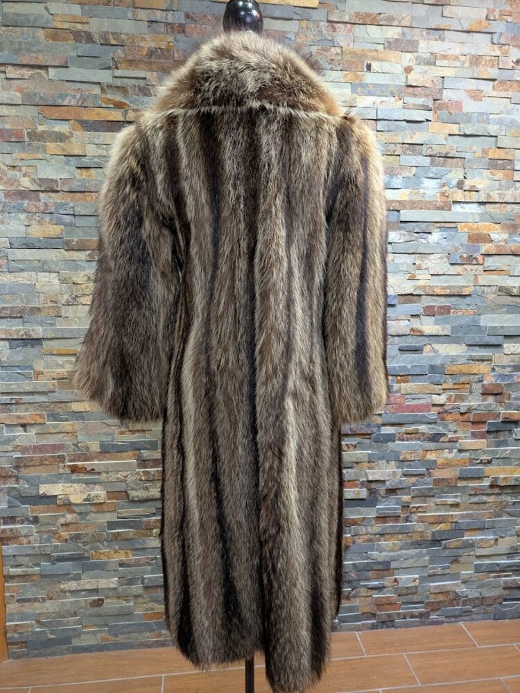 North American Raccoon Long Coat with Notched Collar and Decorative Buttons, Size S