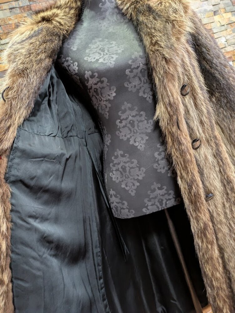 North American Raccoon Long Coat with Notched Collar and Decorative Buttons, Size S