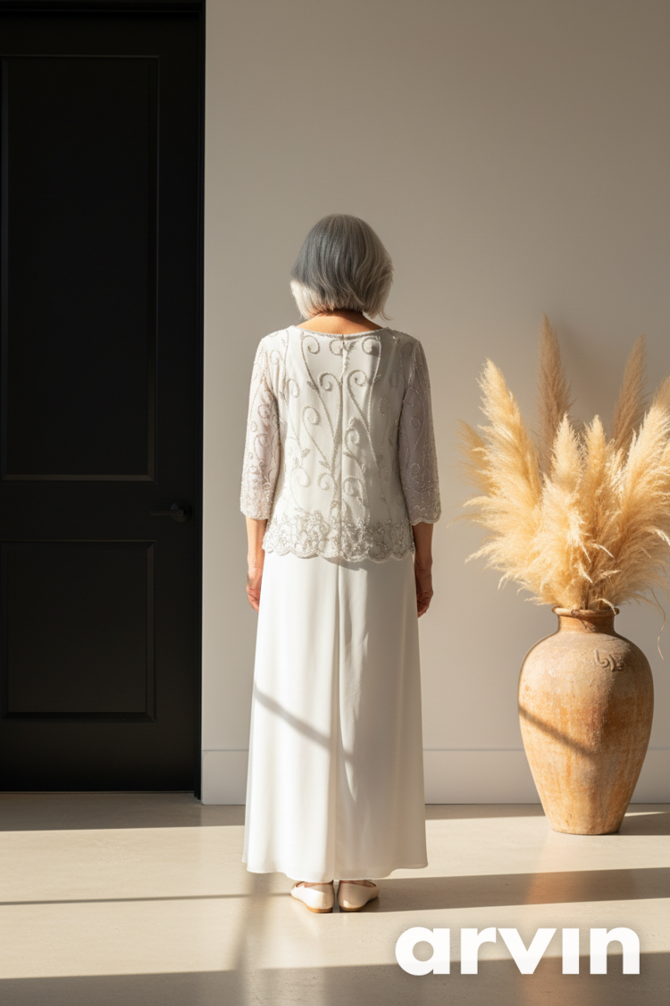 Jkara White Gown with Floral Beaded Top and Full Skirt, Size 20W