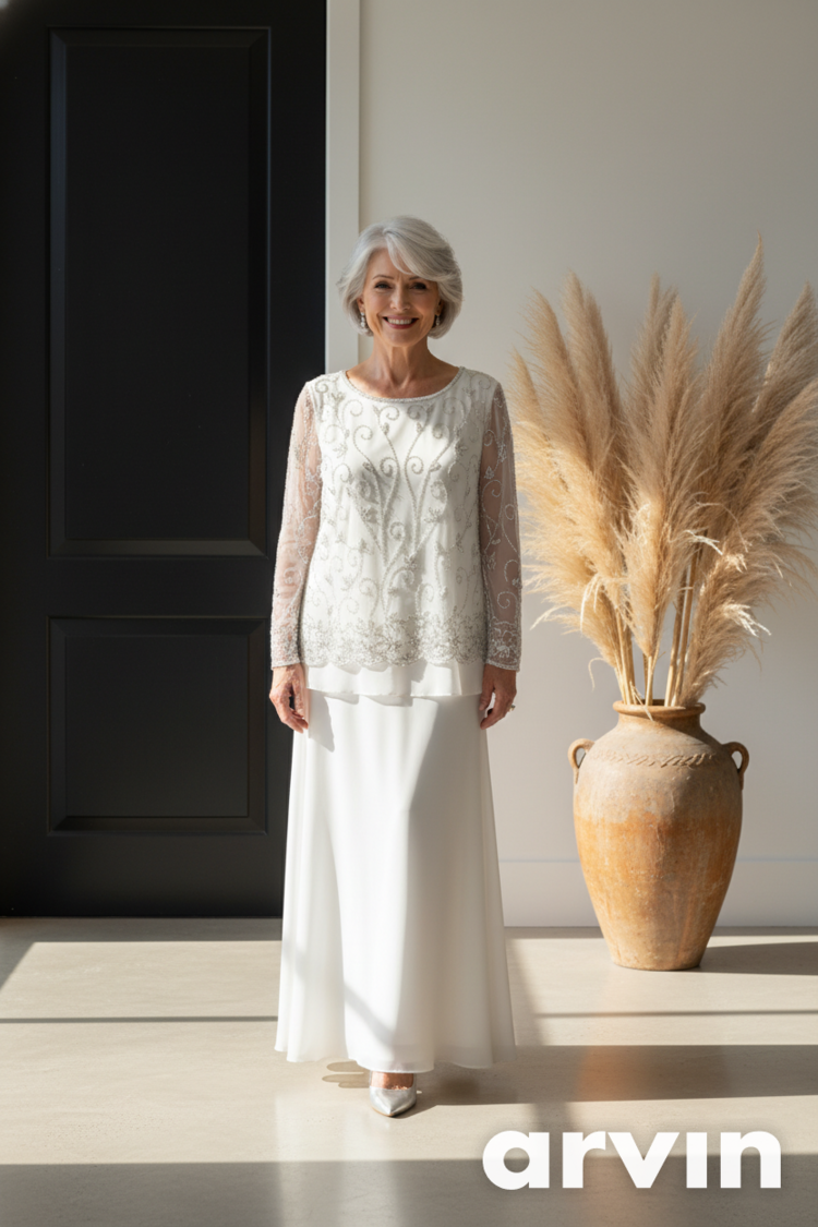 Jkara White Gown with Floral Beaded Top and Full Skirt, Size 20W