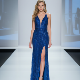 Royal Blue Crystal Beaded Halter Gown, Size 2