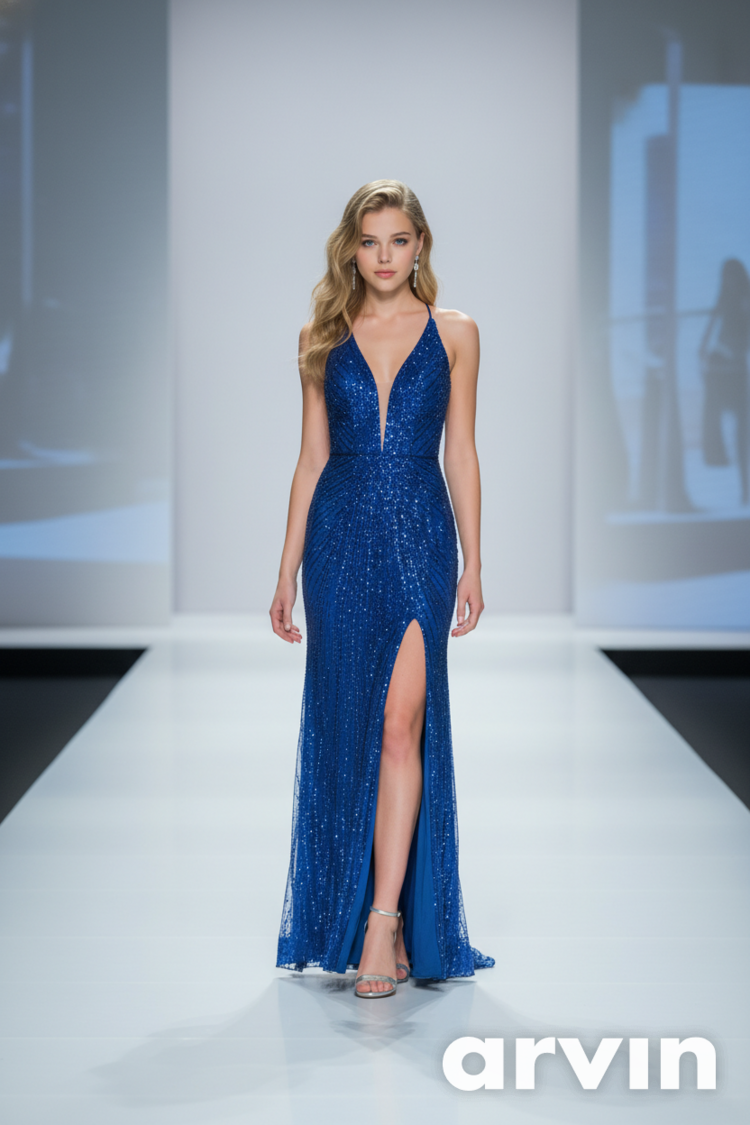 Royal Blue Crystal Beaded Halter Gown, Size 2