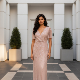 Mac Duggal Blush Pink Crystal Beaded Gown with Mesh Sleeves, Size 14