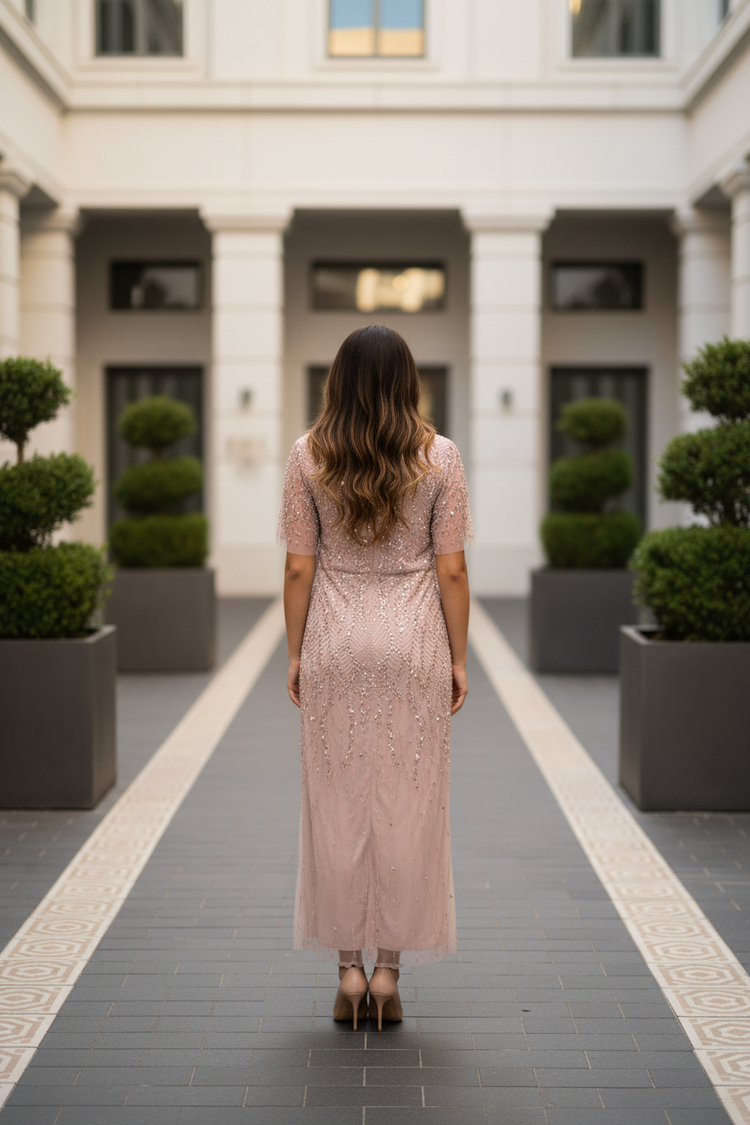 Mac Duggal Blush Pink Crystal Beaded Gown with Mesh Sleeves, Size 14