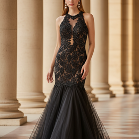 Sherri Hill Black Lace and Crystal Mermaid Gown with Tulle Flounce, Size 8