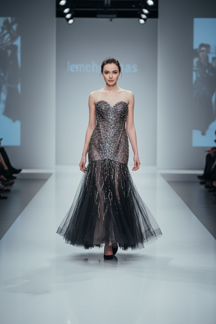 Black Mesh Gown with Taupe Underlay, Sequins, and Feathers, Size 8