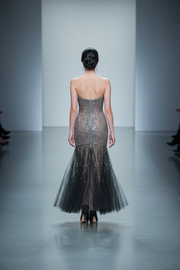 Black Mesh Gown with Taupe Underlay, Sequins, and Feathers, Size 8