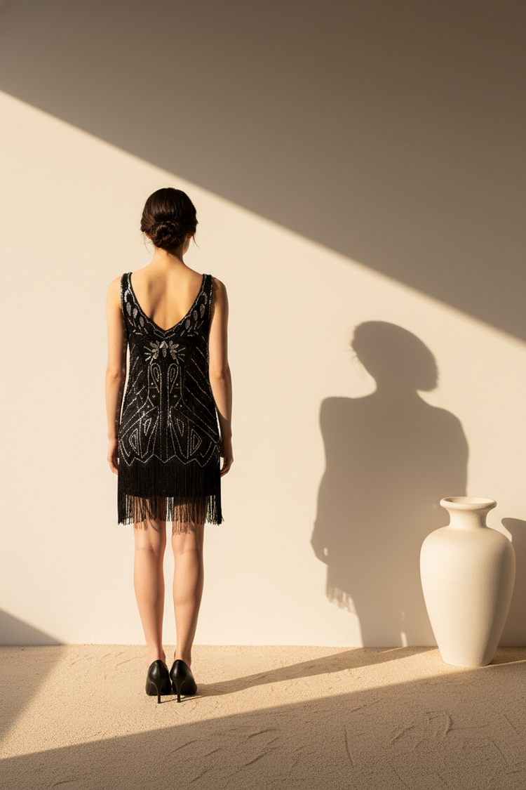 Black Art Deco Flapper Dress with Sequins & Fringe, Size XL