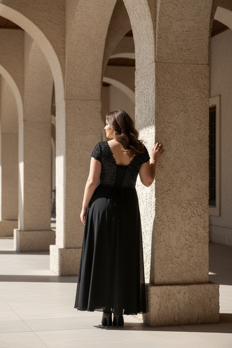 Black Sheath Gown with Lace & Crystal Bodice, Corset Back, Size 24