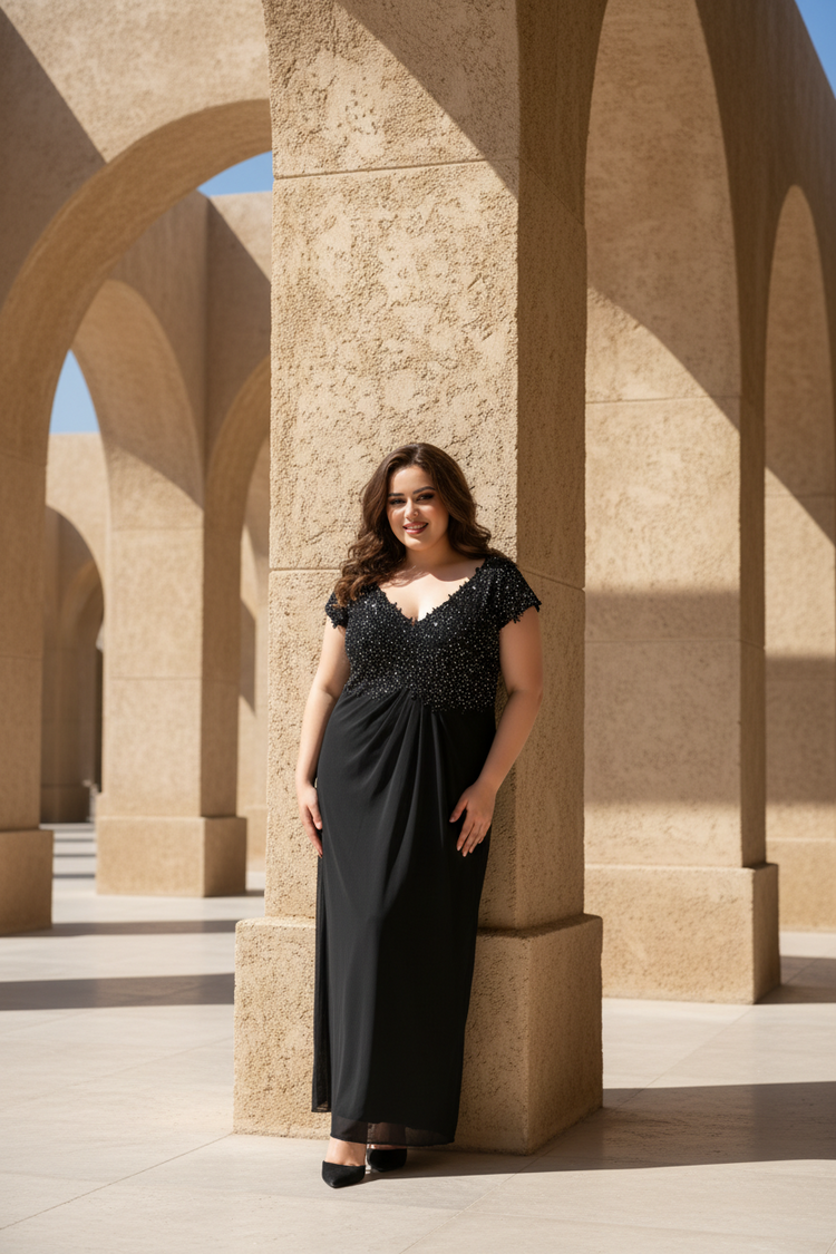 Black Sheath Gown with Lace & Crystal Bodice, Corset Back, Size 24