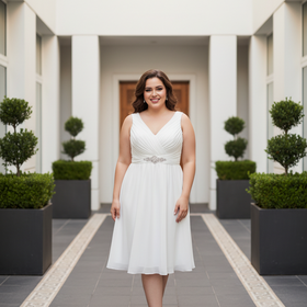 White A-Line Dress w/Crystal Detail, Size 16