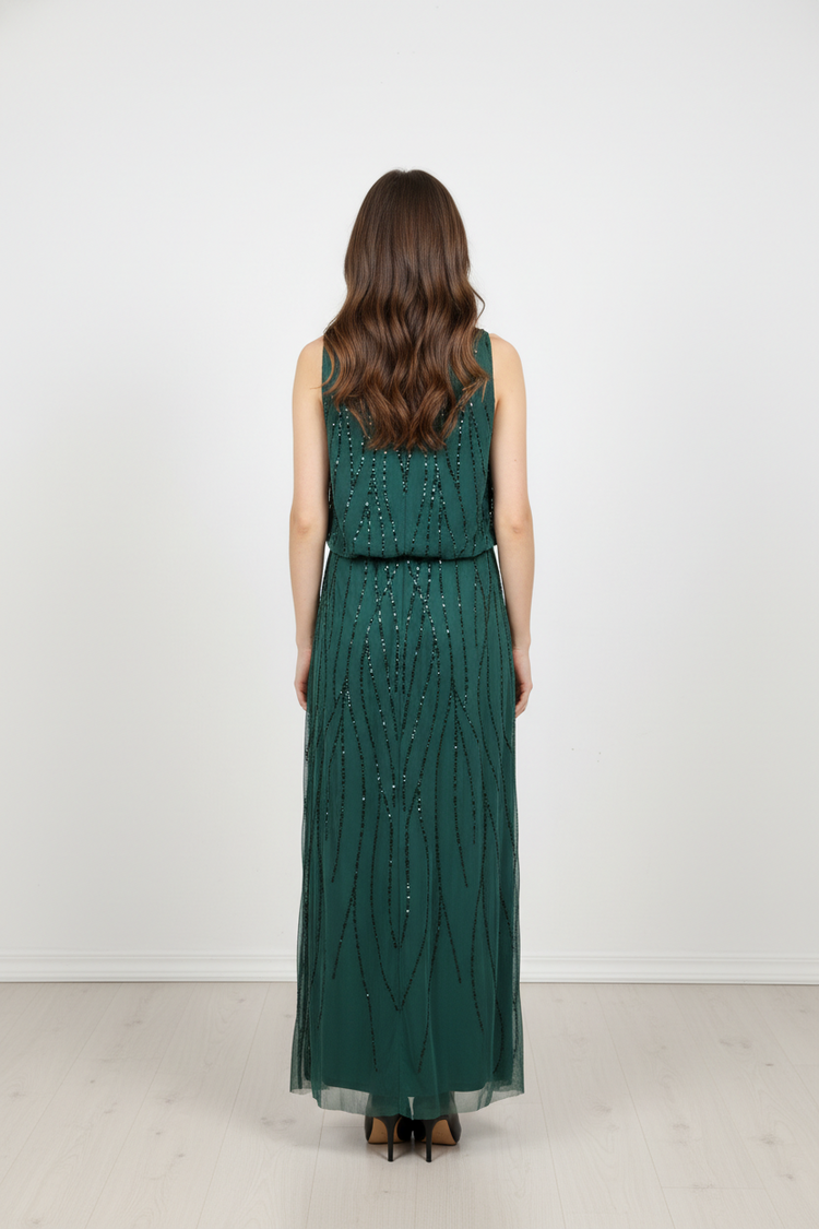 Adrianna Papell Forest Green Gown with Cinched Waist, Size 8