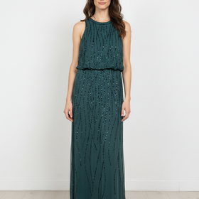 Adrianna Papell Forest Green Gown with Cinched Waist, Size 8