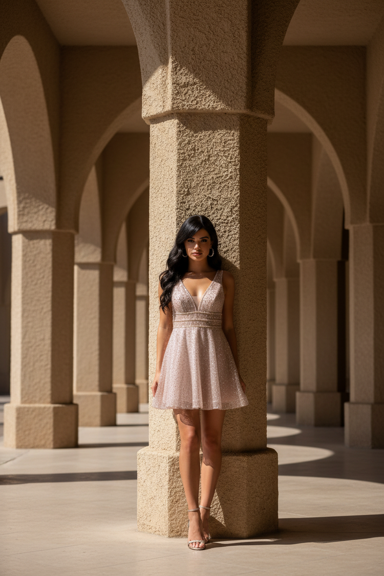 Rose Gold Glittery Fit & Flare Dress, Size XS