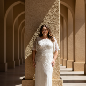 White Fully Beaded Gown w/Fluttery Sleeves, Size XL