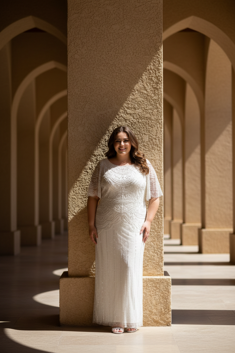 White Fully Beaded Gown w/Fluttery Sleeves, Size XL