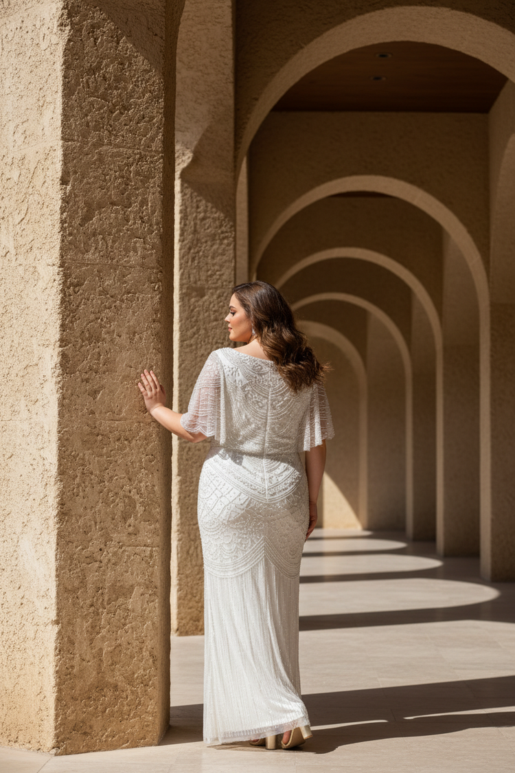 White Fully Beaded Gown w/Fluttery Sleeves, Size XL